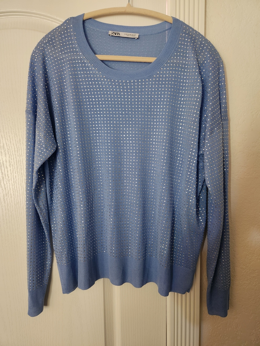ZARA Baby Blue Crewneck Sweater with Stud Detailing